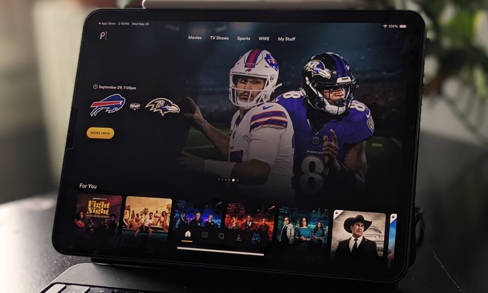 The Peacock TV home page is displayed on an iPad 11 Pro.