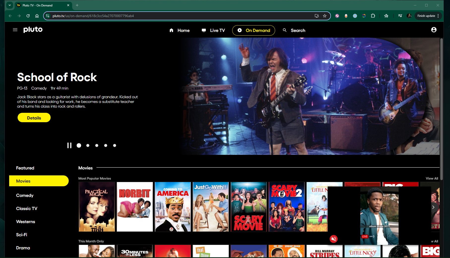 Pluto TV is displayed on a Chrome PC tab.