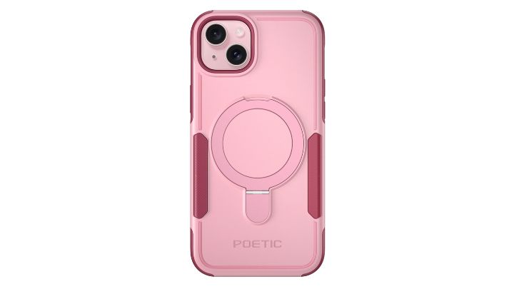 The Poetic iPhone 15 Plus MagPro Case with Ring Stand in Light Pink.