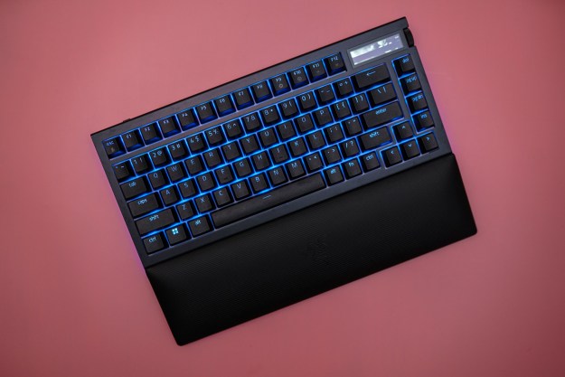 The Razer Black Widow V4 Pro 75% sitting on a pink background.