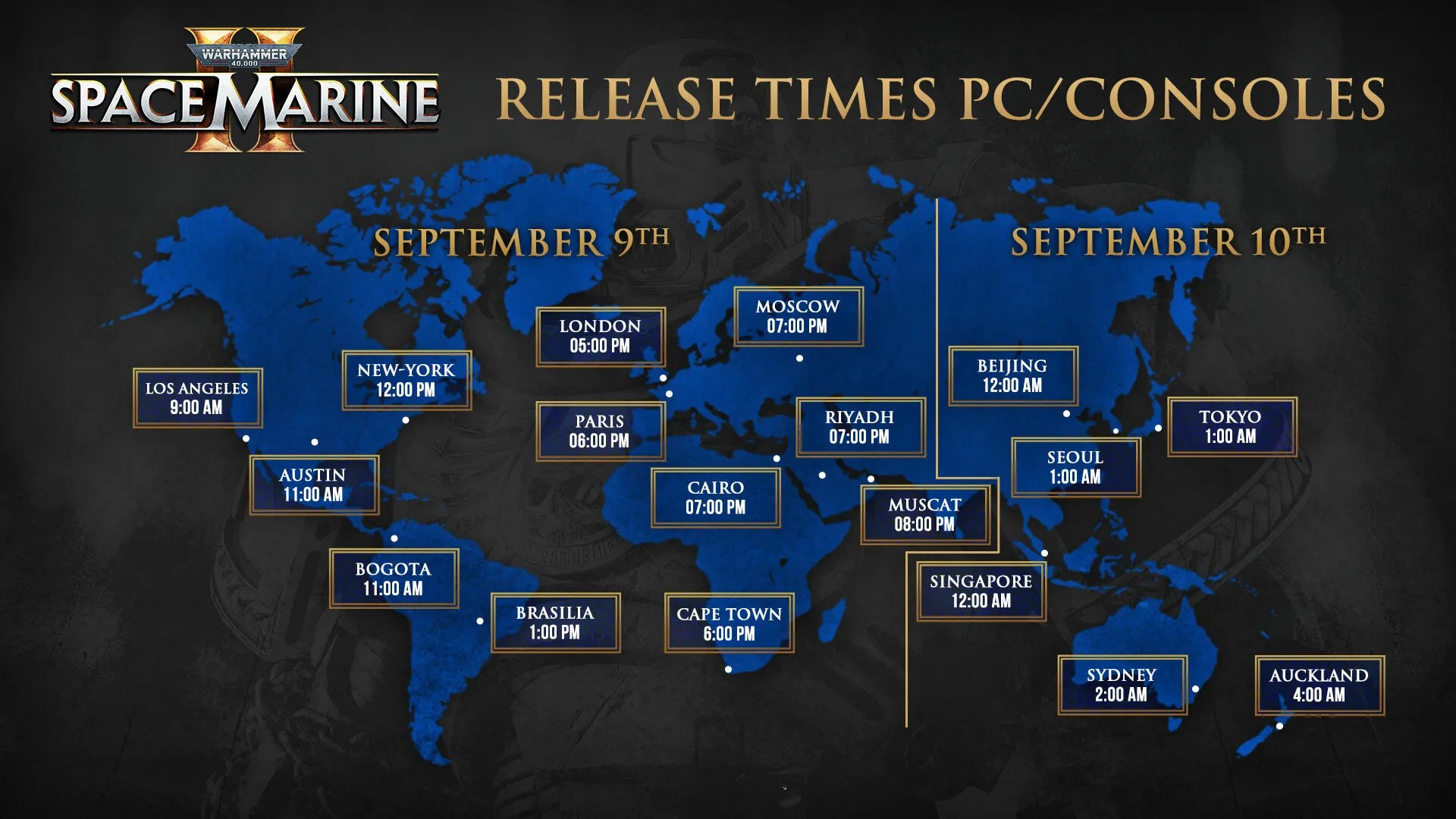 Une carte des heures de sortie de Space Marine 2.