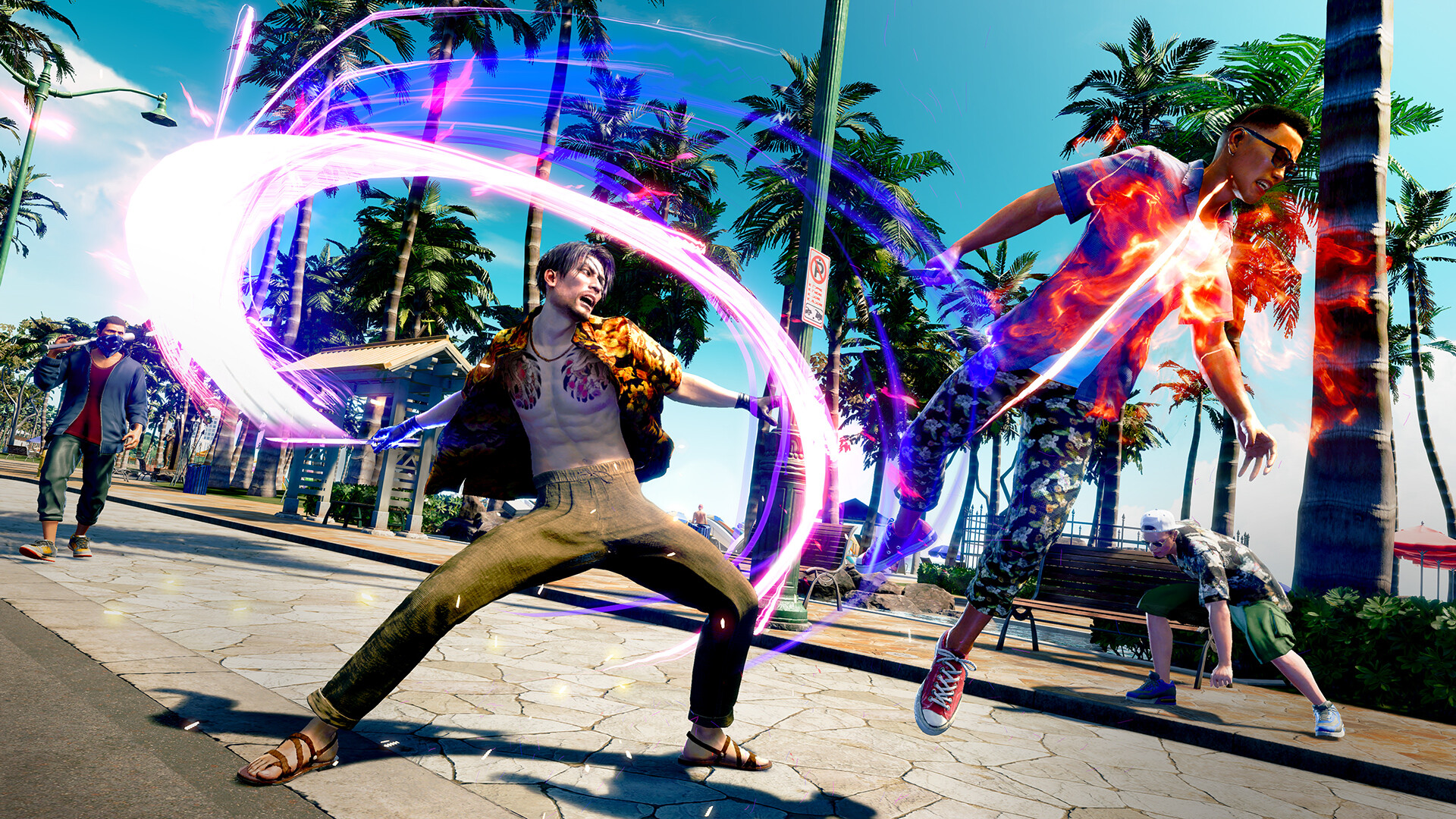 Majima atacando a un enemigo en Hawaii en Like a Dragon: Pirate Yakuza in Hawaii.