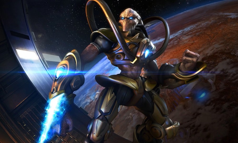 An alien in armor with a light sword standing in front of a space ship window with a planet in the background.