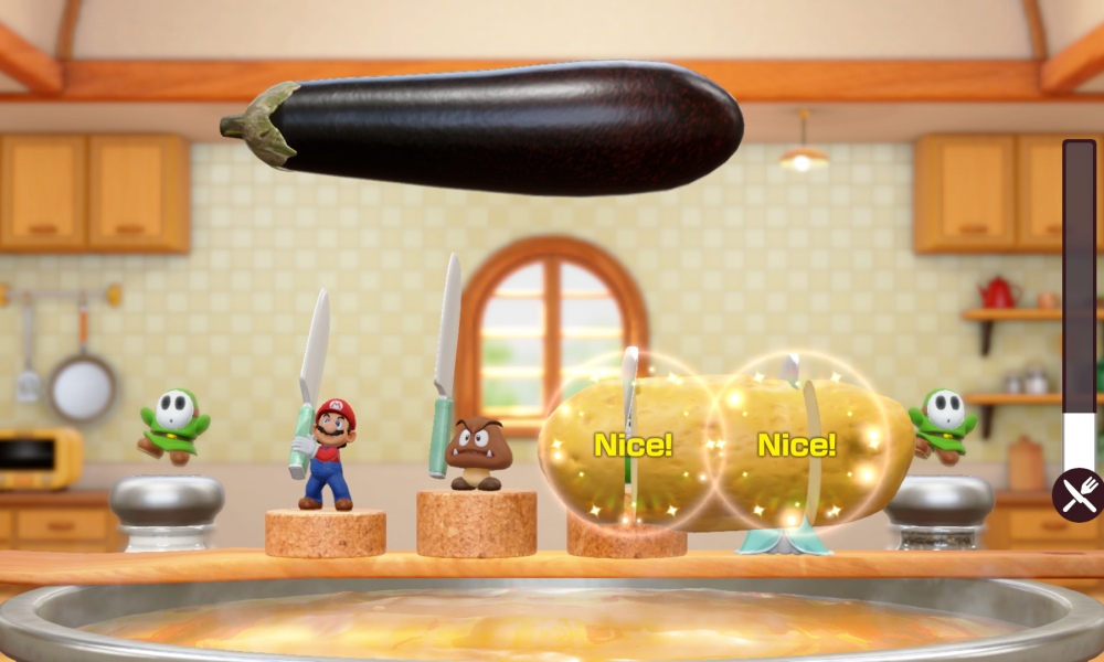 Mario and friends cut vegetables in Super Mario Party Jamboree.