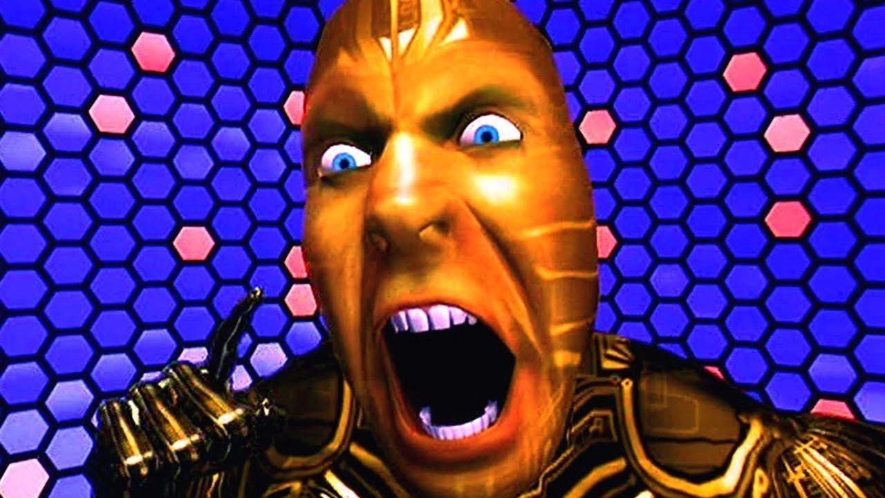 Uma imagem animada por computador de um homem gritando em The Lawnmower Man.