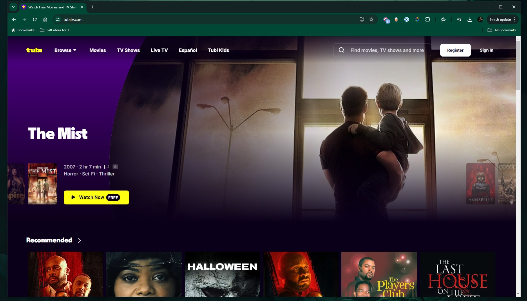 The Tubi home page on a Chrome desktop tab.