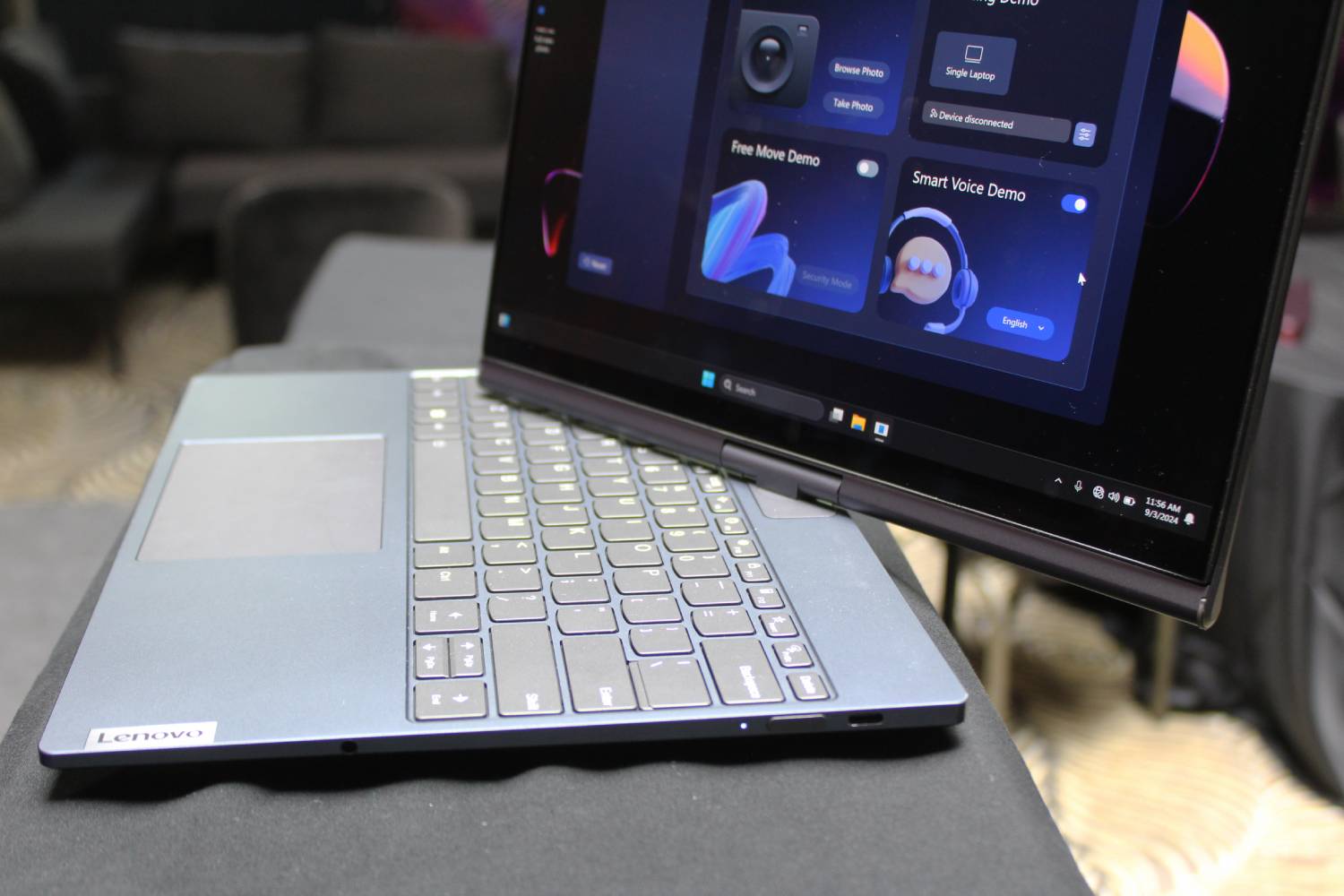 The Lenovo Twisting Auto PC with the display halfway twisted.