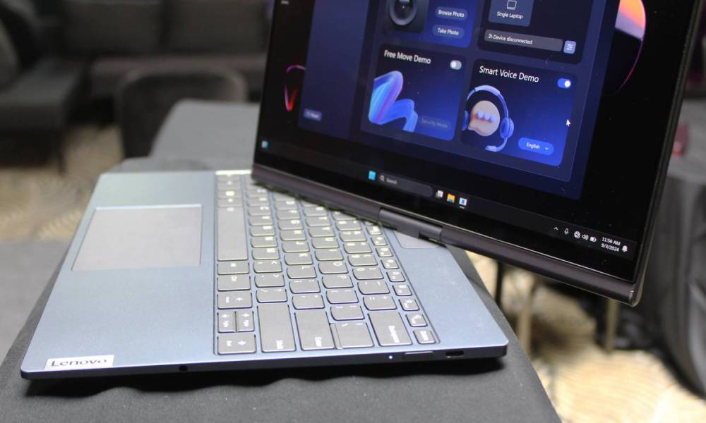 The Lenovo Twisting Auto PC with the display halfway twisted.