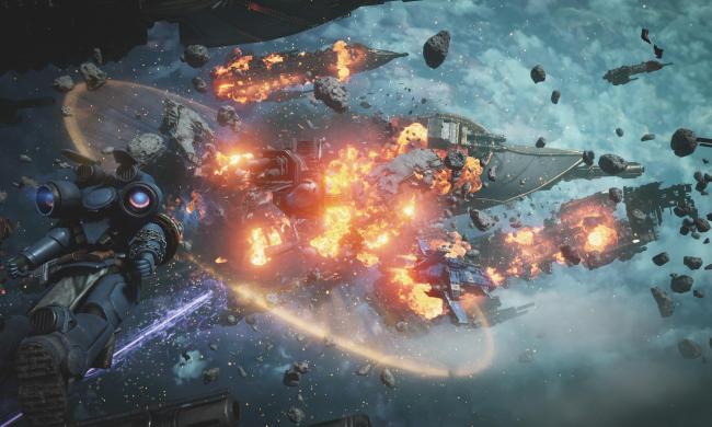 A player glided in low orbit amidst the burning wreckage of spaceships in Warhammer 40,000: Space Marine 2.