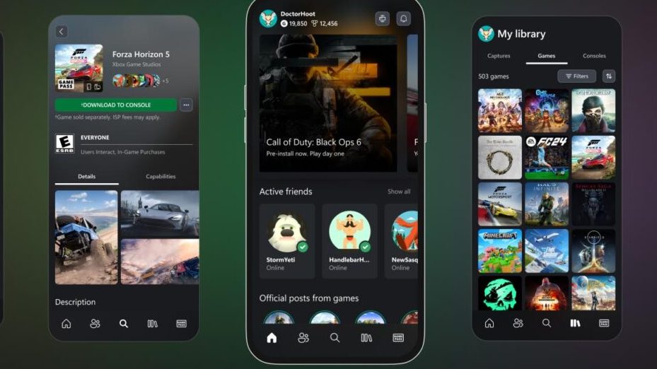 Cinq écrans de la nouvelle application mobile Xbox. Celui du milieu dit Black Ops 6