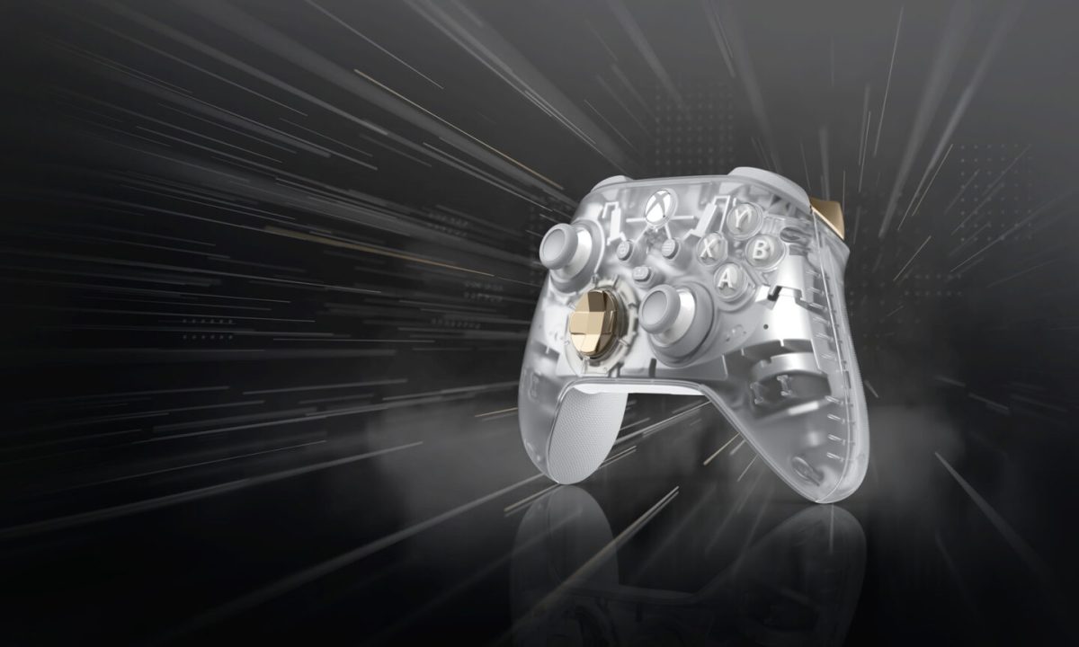 A white and transparent Xbox wireless controller on a black background.