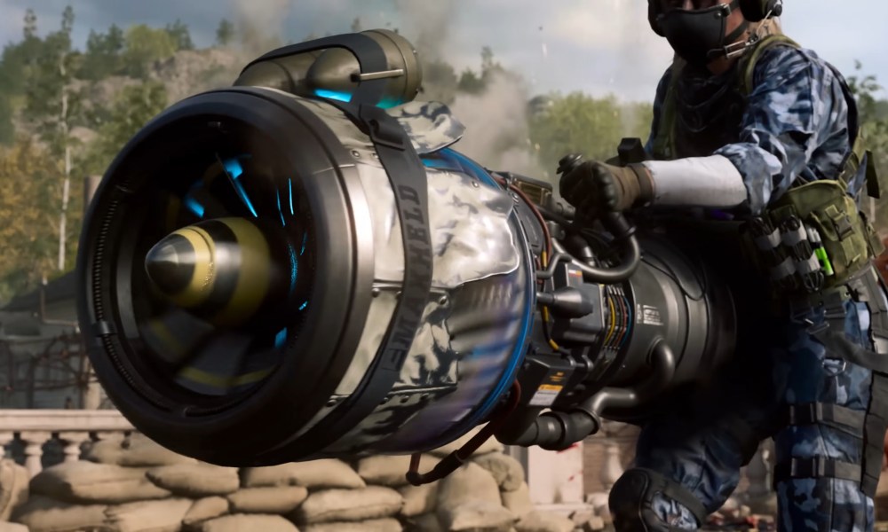 A soldier holding a giant jet engine gun in Black Ops 6.