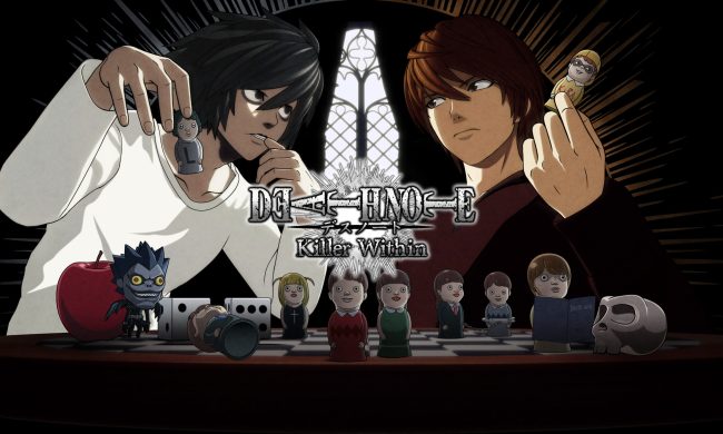 L and Kira holding game pieces around a chess board, stacked with other game pieces. The Death Note Killer Within logo is in the center.