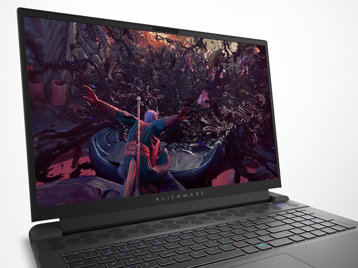 The Alienware m18 R2 gaming laptop with a game on the screen.