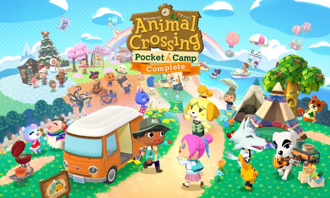 A logo that says "Welcome to Animal Crossing Pocket Camp Complete." There are a bunch of character interacting on a camp ground, with a rainbow in the background.