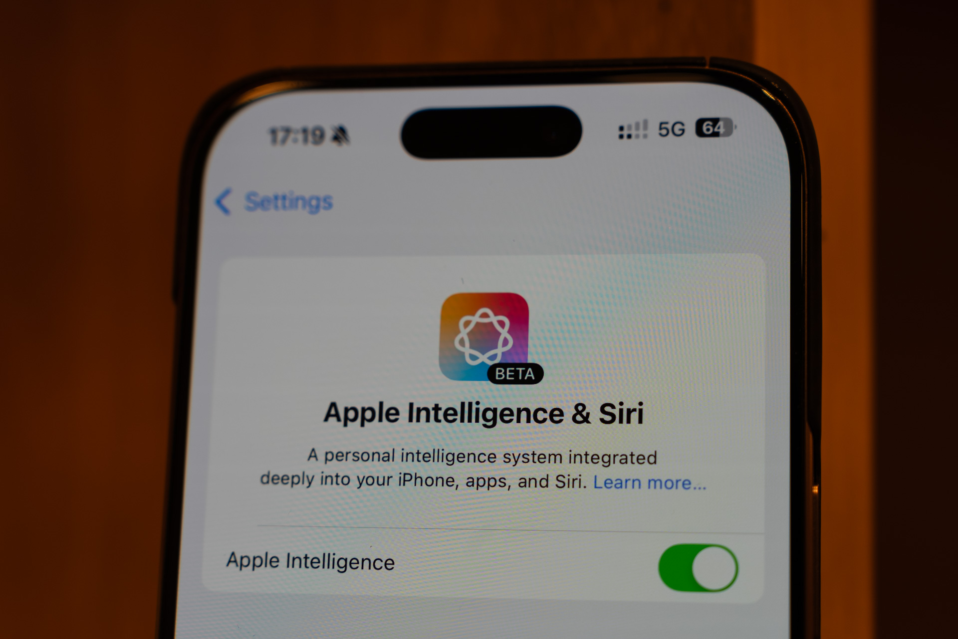 Apple Intelligence & Siri screen on an iPhone 16 Pro