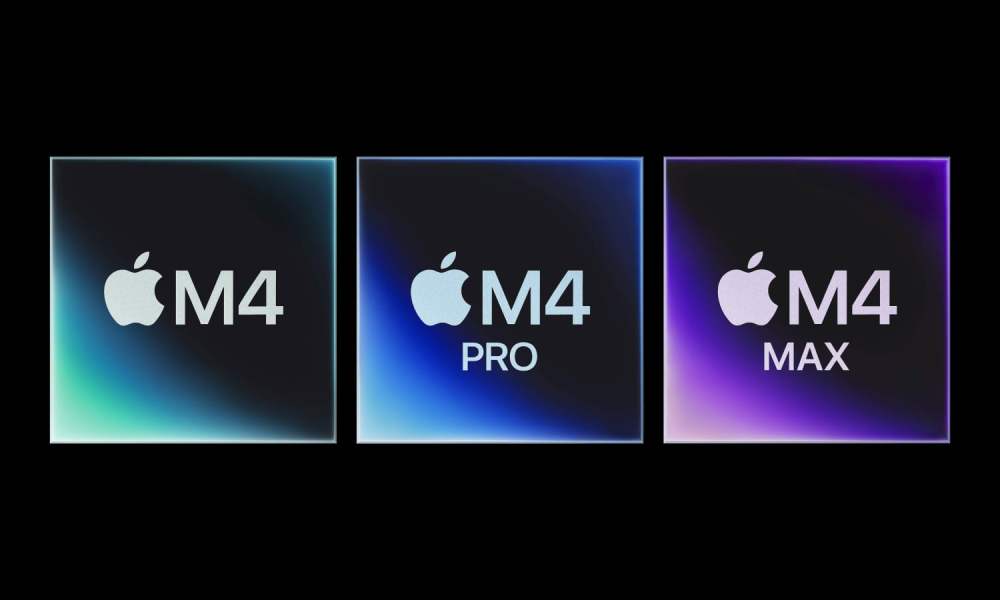 The Apple M4 series chips, including the M4, M4 Pro and M4 Max against a black background.