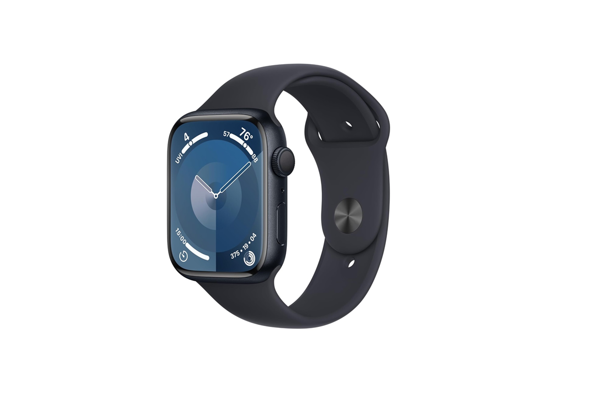 Une montre intelligente Apple Watch Series 9 bleu foncé sur fond blanc.