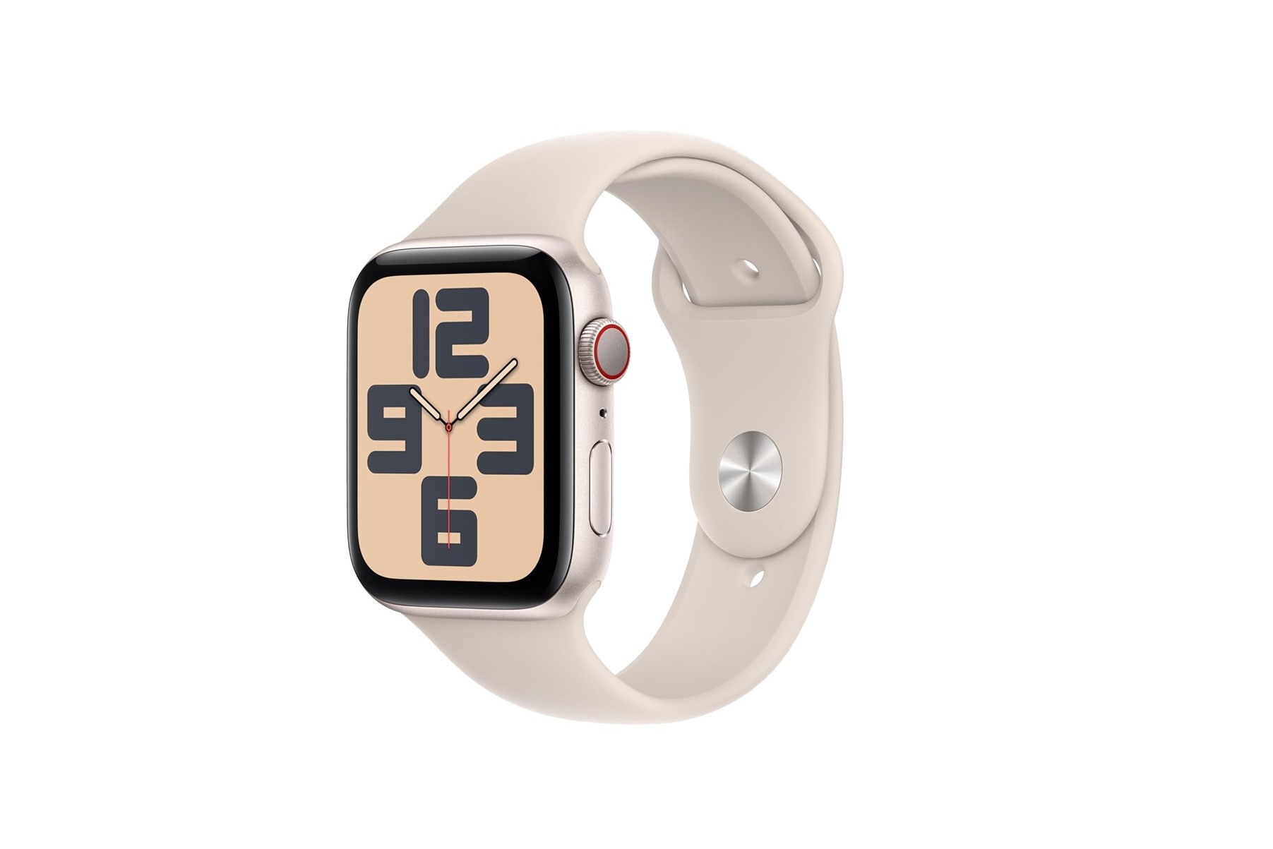 Une Apple Watch SE rose clair de 2e génération sur fond blanc.