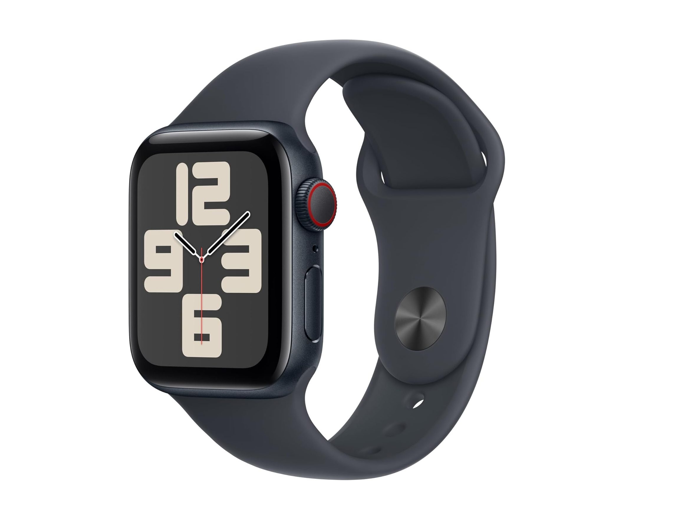 Une Apple Watch SE 2 avec un boîtier en aluminium minuit et un bracelet sport minuit.