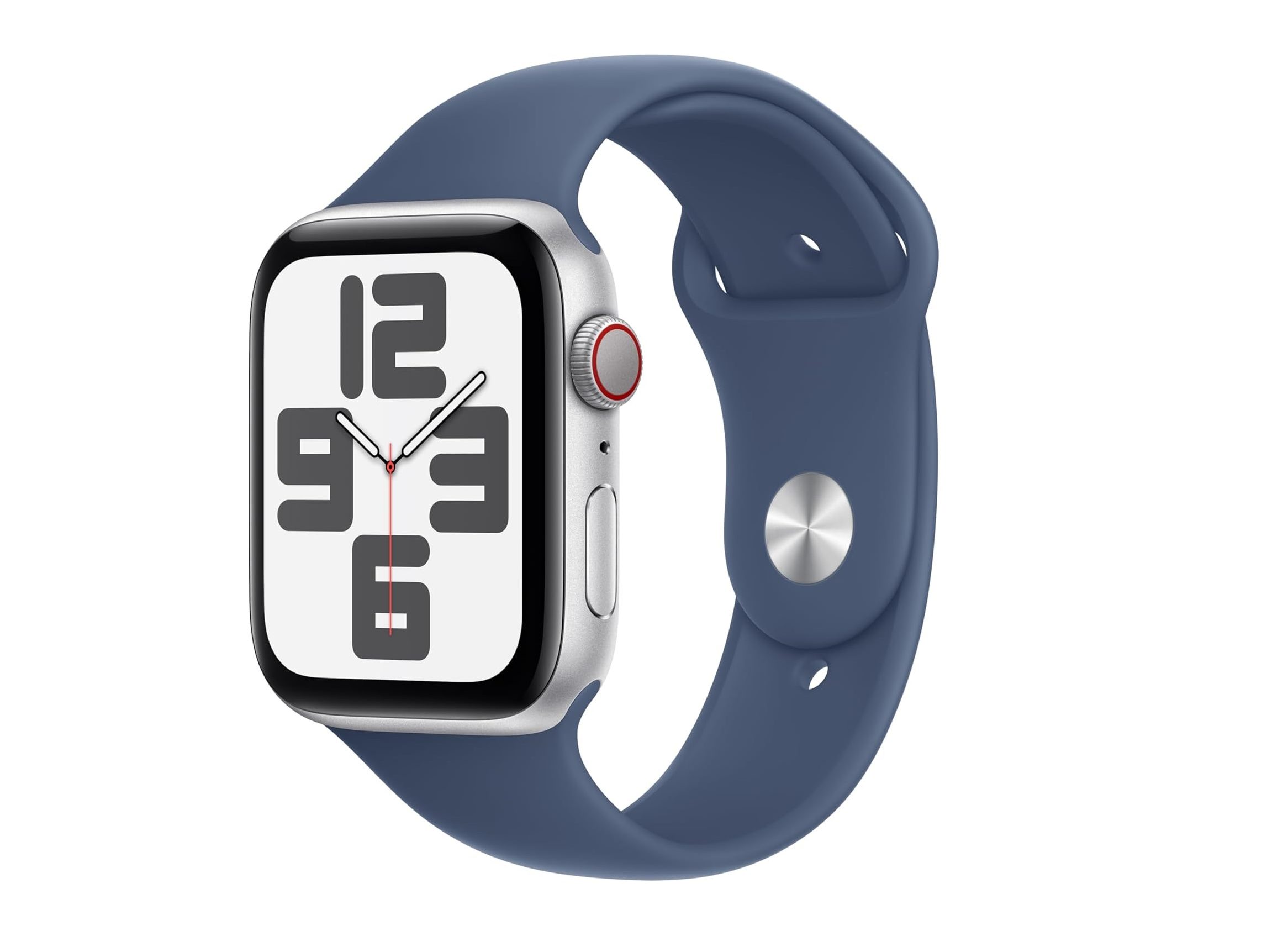 Die Apple Watch SE 2 mit Aluminiumgehäuse und Denim-Sportarmband.