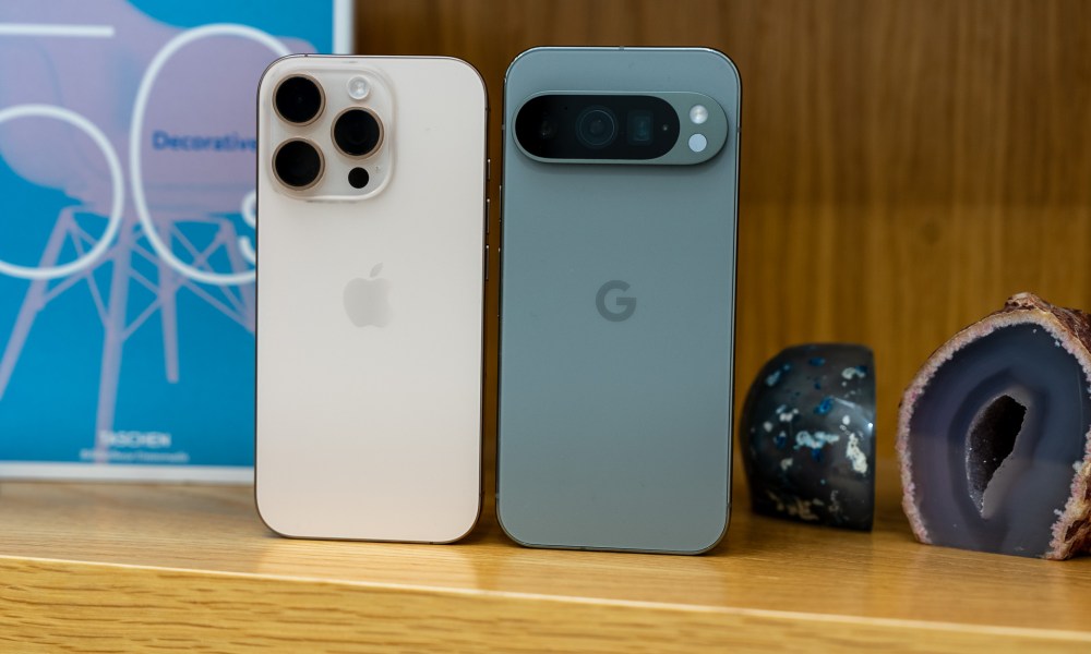 Back of the iPhone 16 Pro next to the Pixel 9 Pro