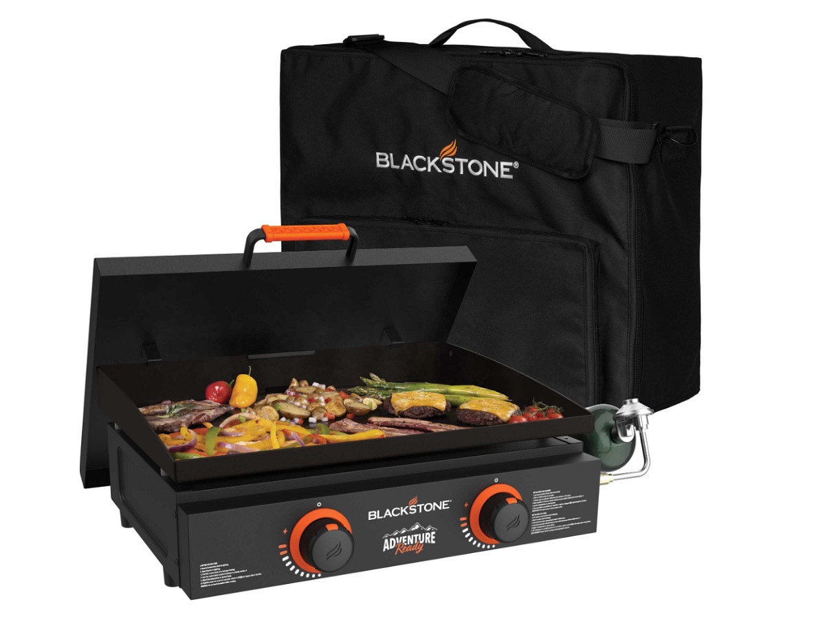 The Blackstone Adventure Ready 22-inch 2-burner tabletop griddle with its carrying bag.