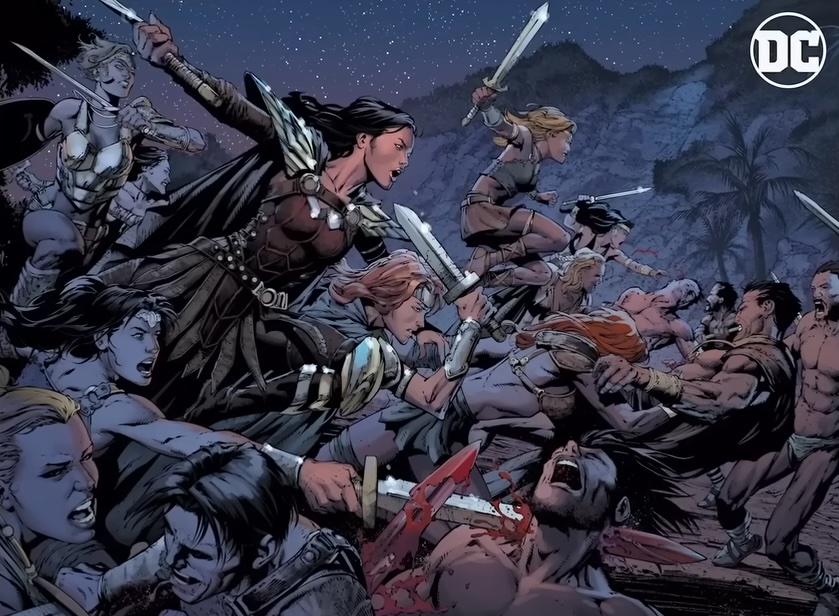 Wonder Woman and the Amazons fighting in a DC Comics panel.