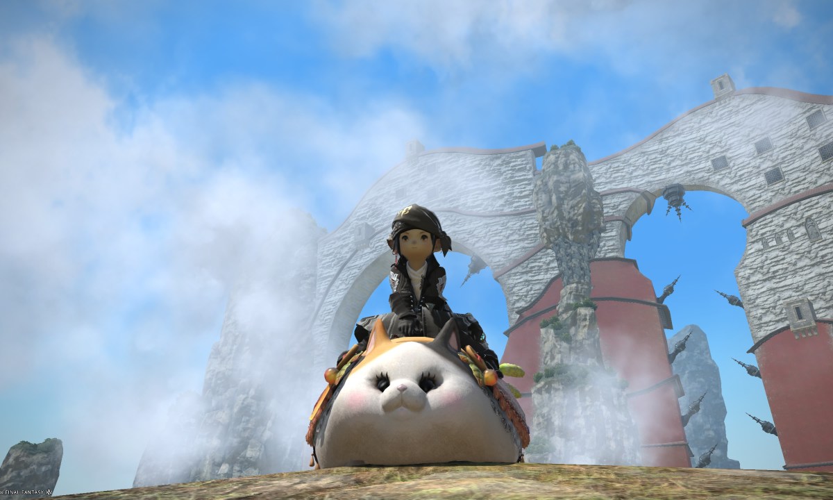 A character sits on a "fatter cat" mount