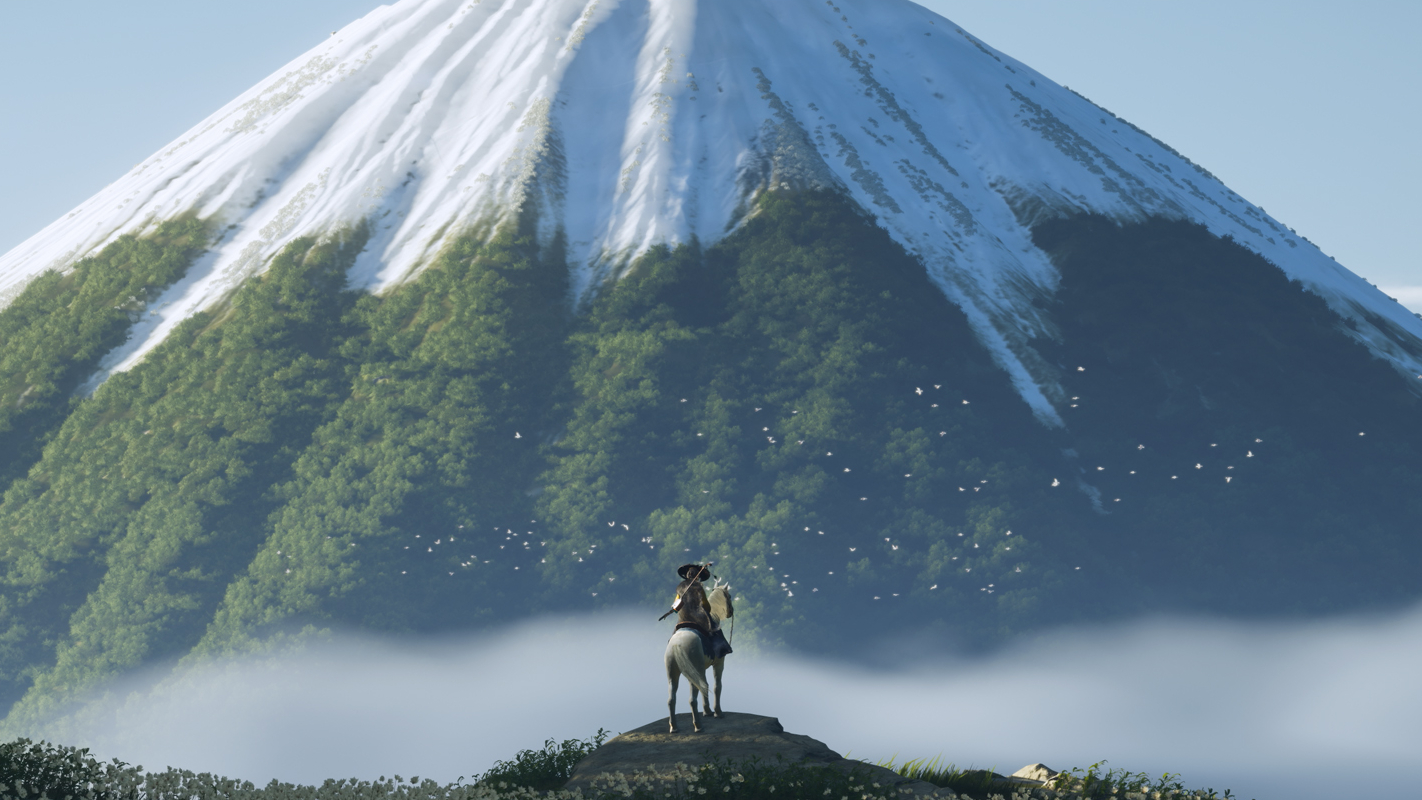 Protagonist on horseback looks out at a large mountain.