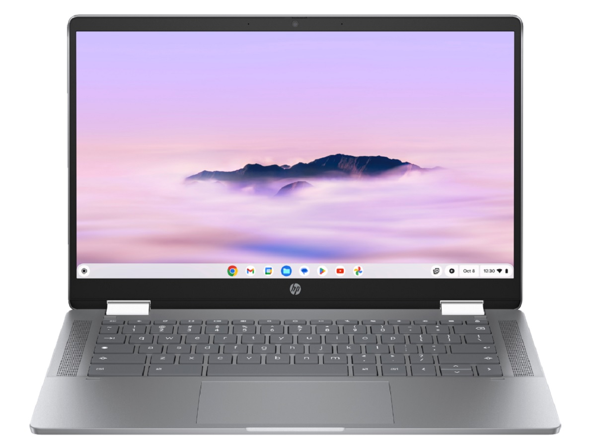 O laptop HP Chromebook Plus x360 em um fundo branco.