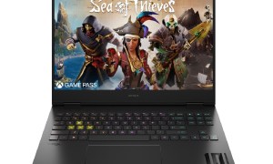 The HP Omen Transcend 16 gaming laptop on a white background, with Sea of Thieves on the screen.