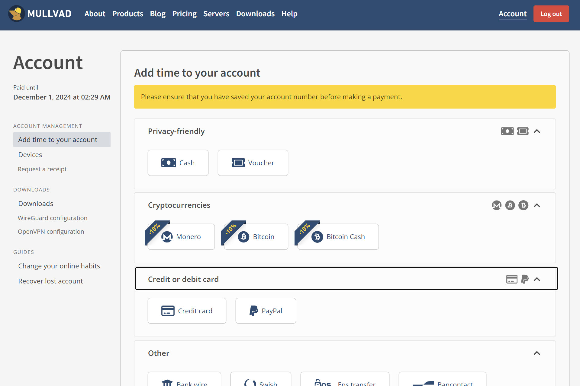 Я могу оплатить Mullvad кредитной картой, криптовалютой, наличными и т. д.
