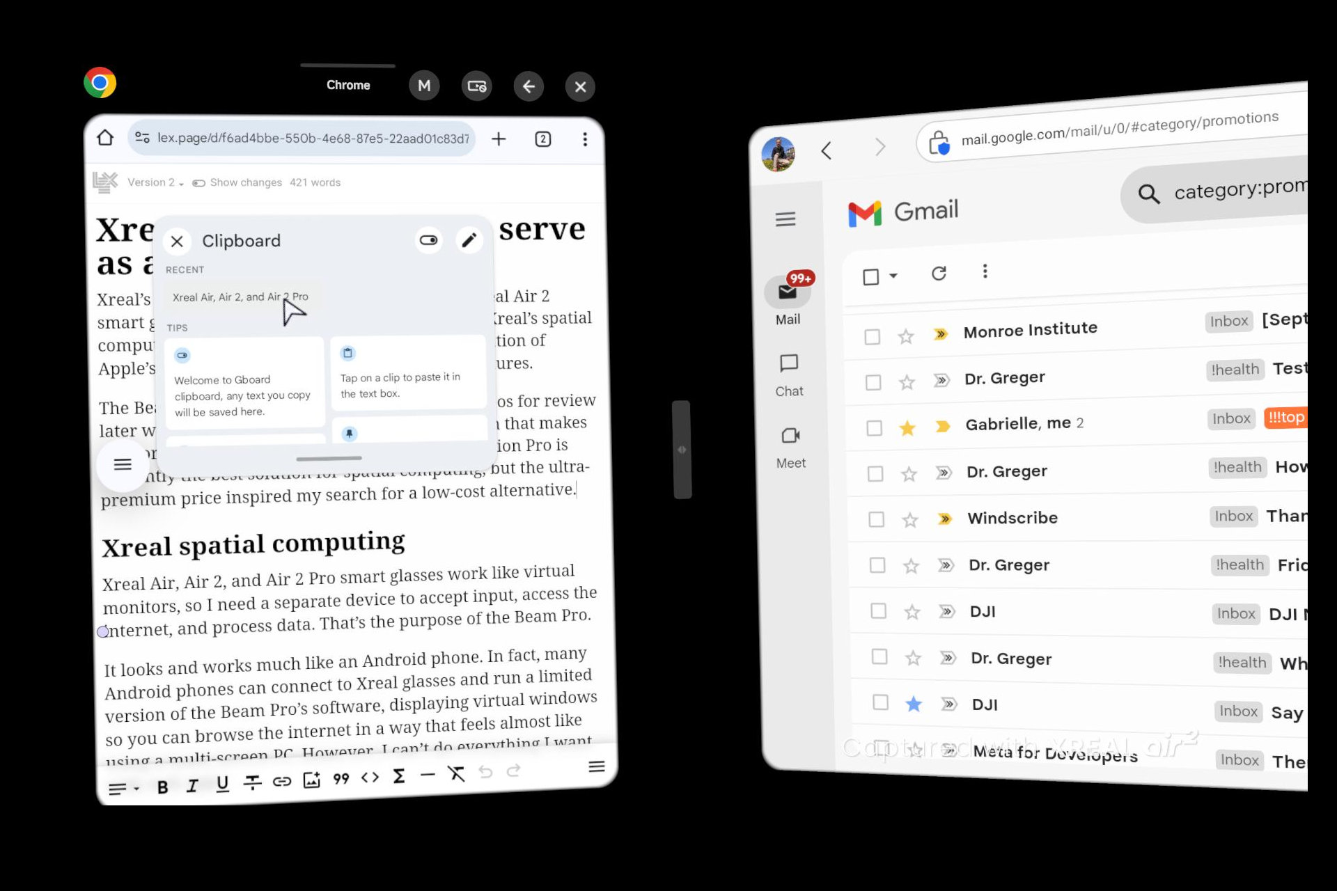 С Xreal Air 2 отвлекающие факторы исчезают, и я могу использовать экран Beam Pro для перелистывания текста или использовать буфер обмена Gboard.