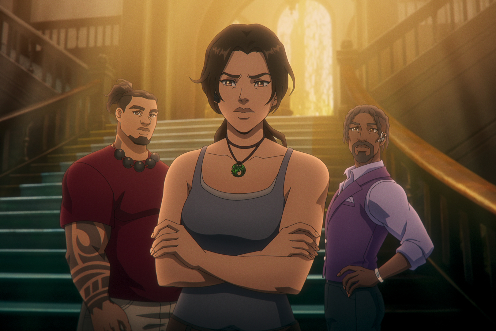 Jonah and Zip stand behind Lara in Tomb Raider: The Legend of Lara Croft.