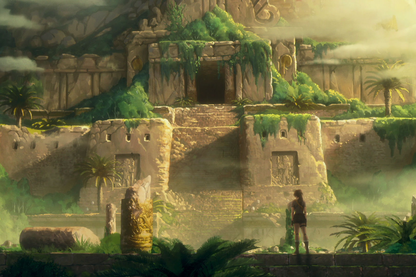 Lara stands in front of an ancient temple in Tomb Raider: The Legend of Lara Croft.