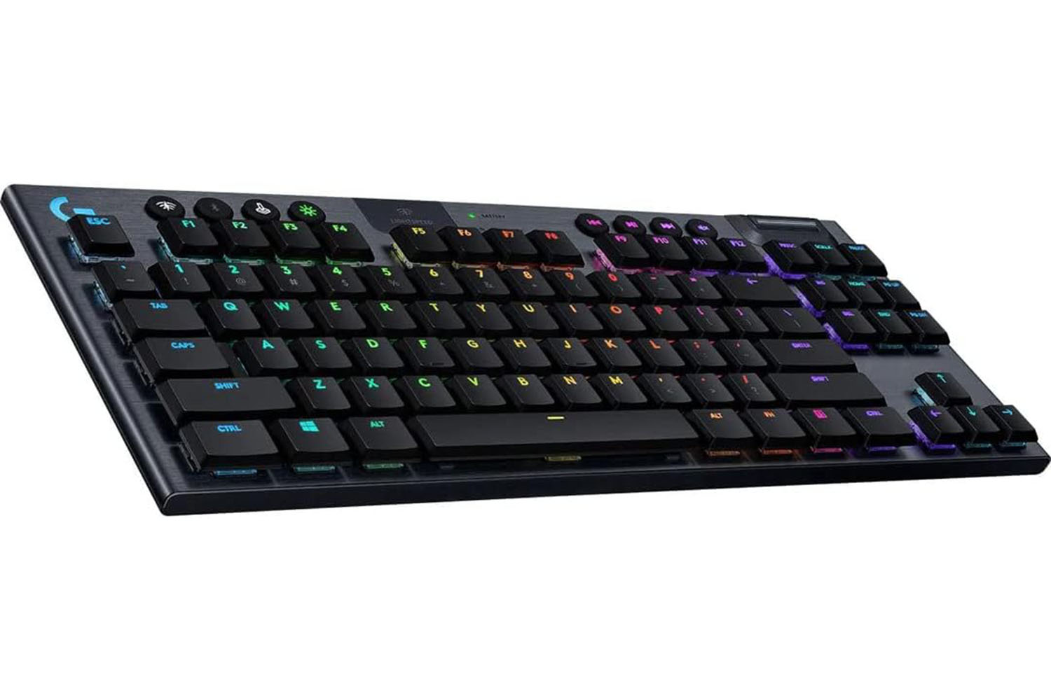 El teclado inalámbrico Logitech G915 TKL sobre un fondo blanco.