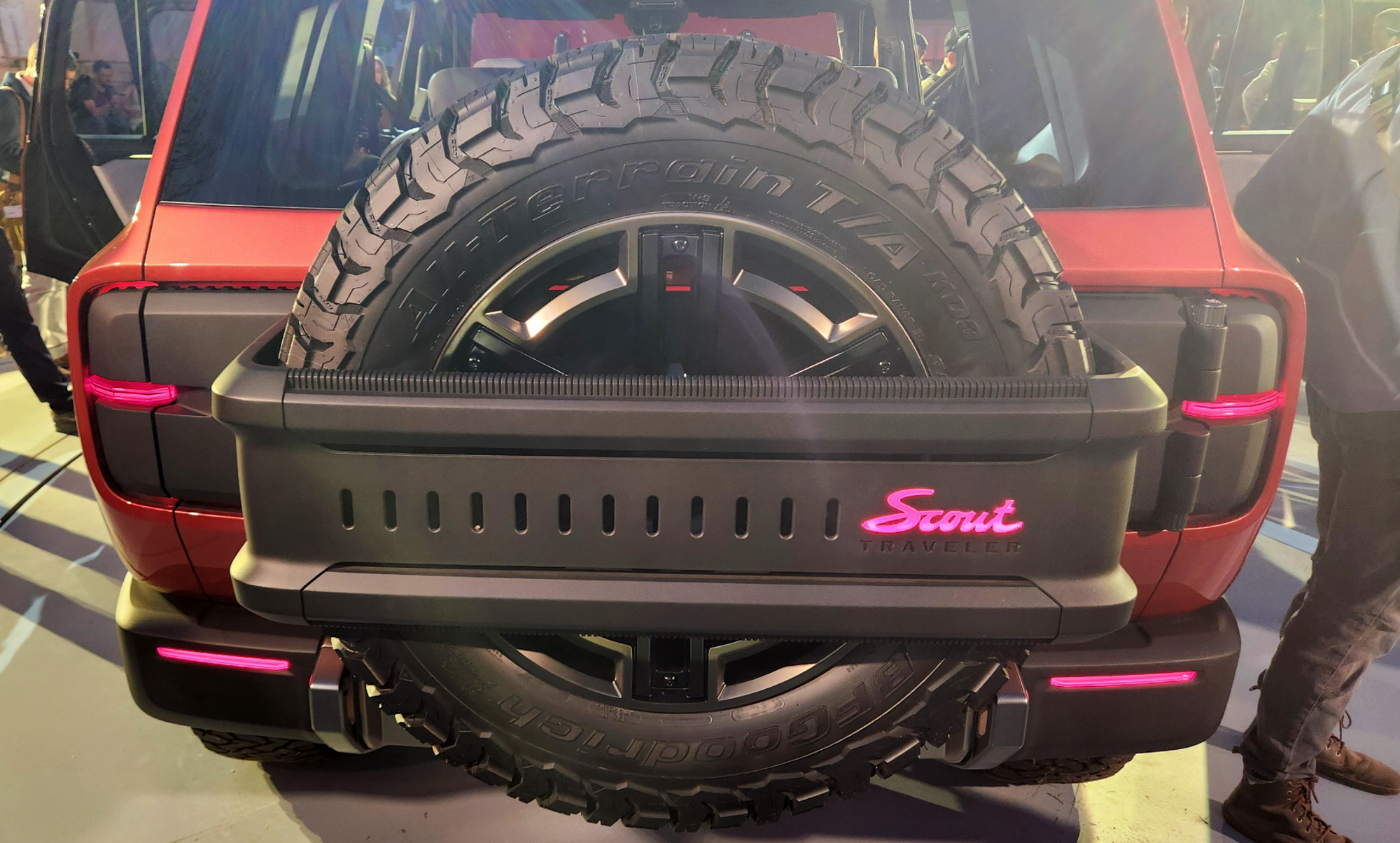 Optional external spare tire carrier for the Scout Traveler electric SUV.