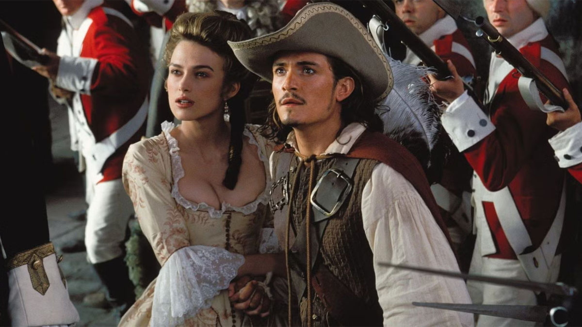 Keira Knightley and Orlando Bloom in Pirates of the Caribbean: The Curse of the Black Pearl.