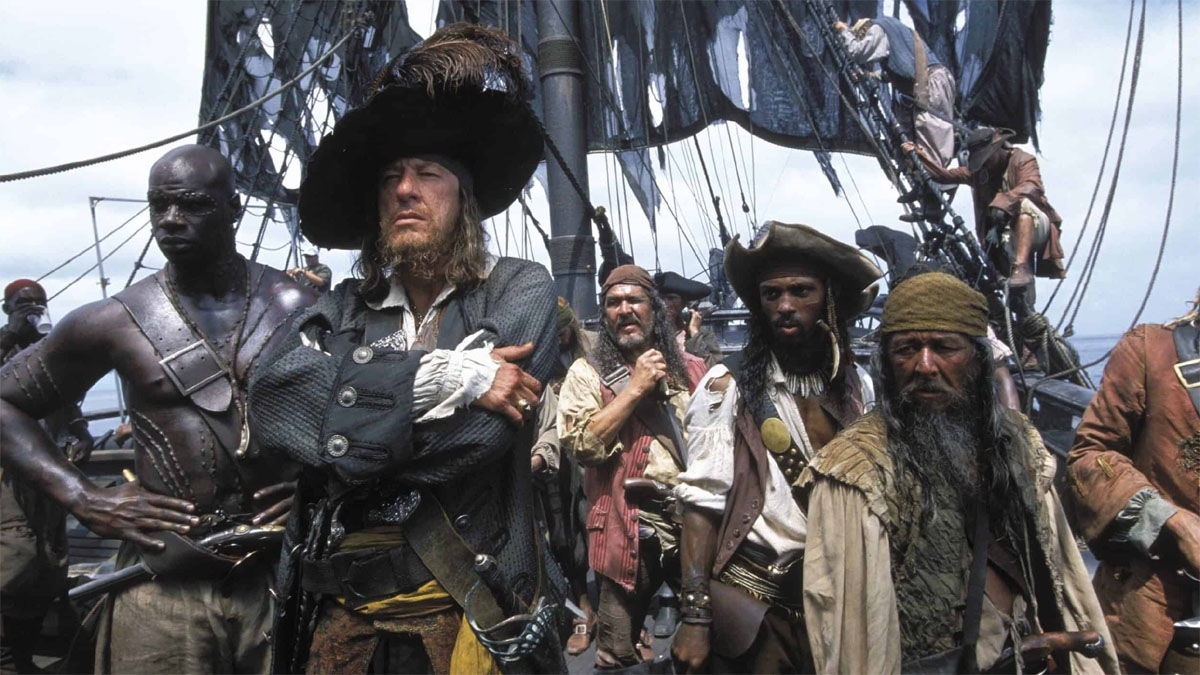 The cast of Pirates of the Caribbean: The Curse of the Black Pearl.