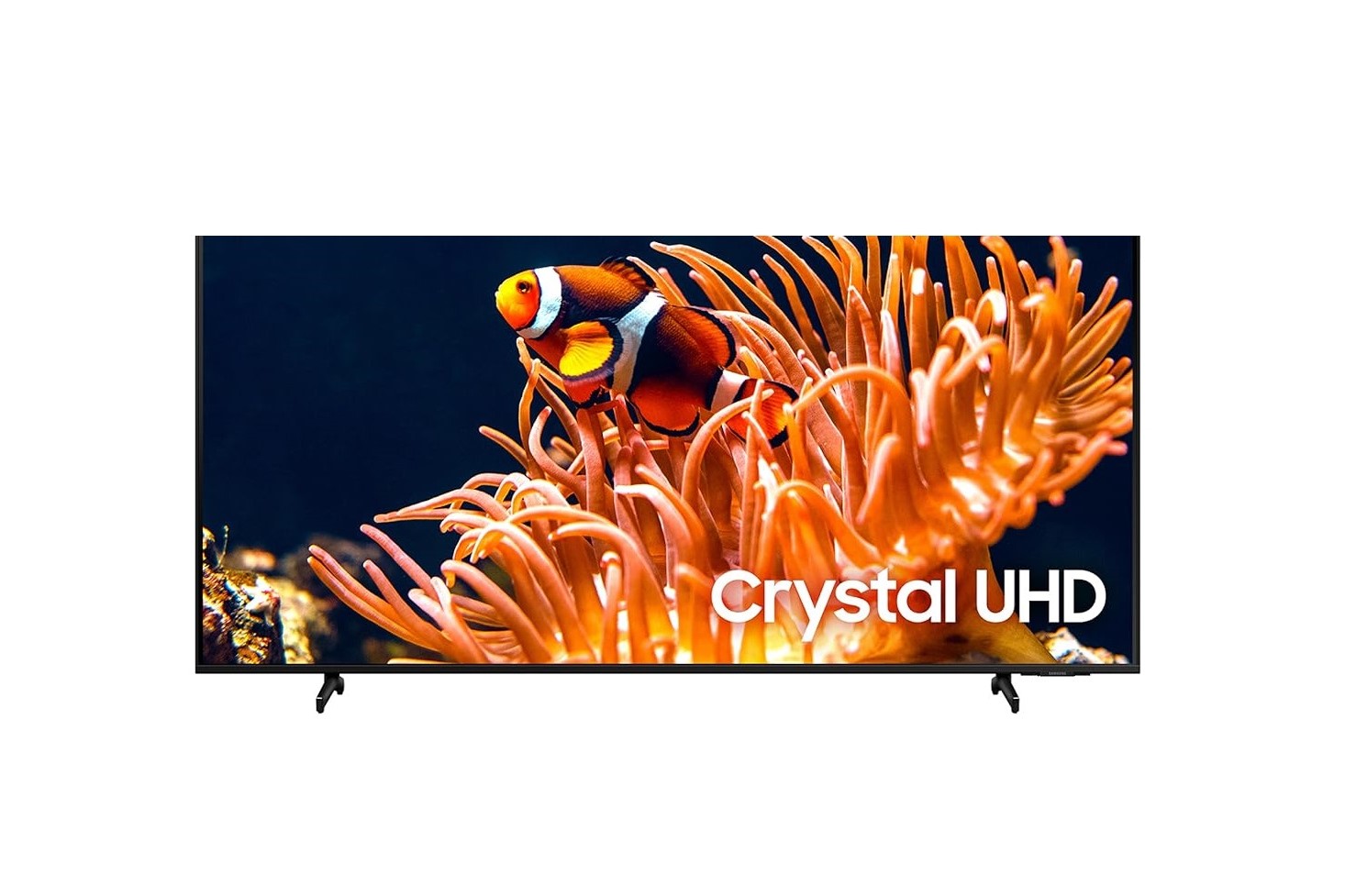 흰색 배경의 SAMSUNG Crystal UHD DU8000 시리즈 4K LED TV.