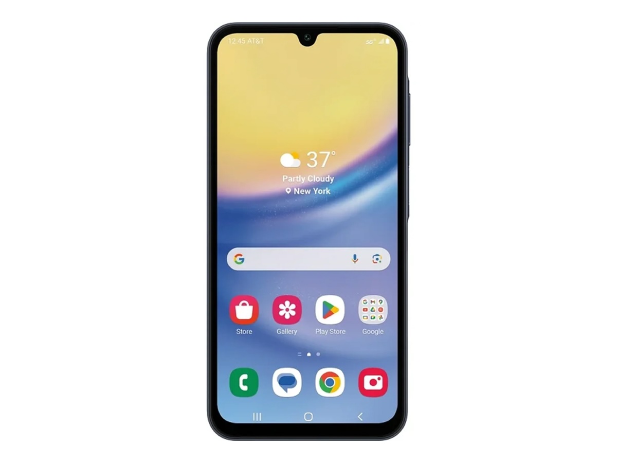 El Samsung Galaxy A15 5G sobre un fondo blanco.