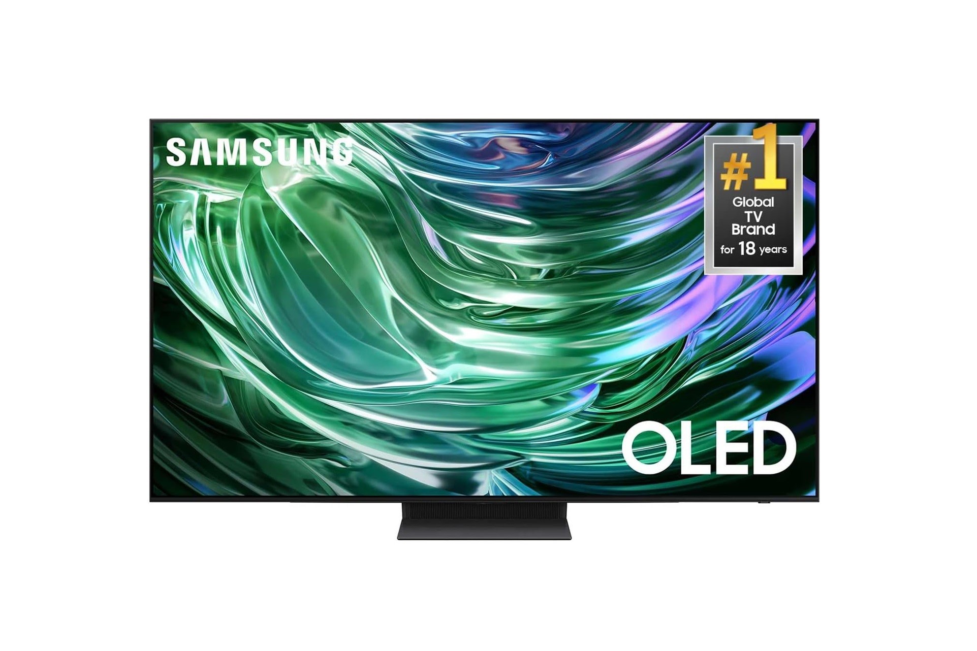 Ein Samsung S90D-Fernseher auf weißem Hintergrund.