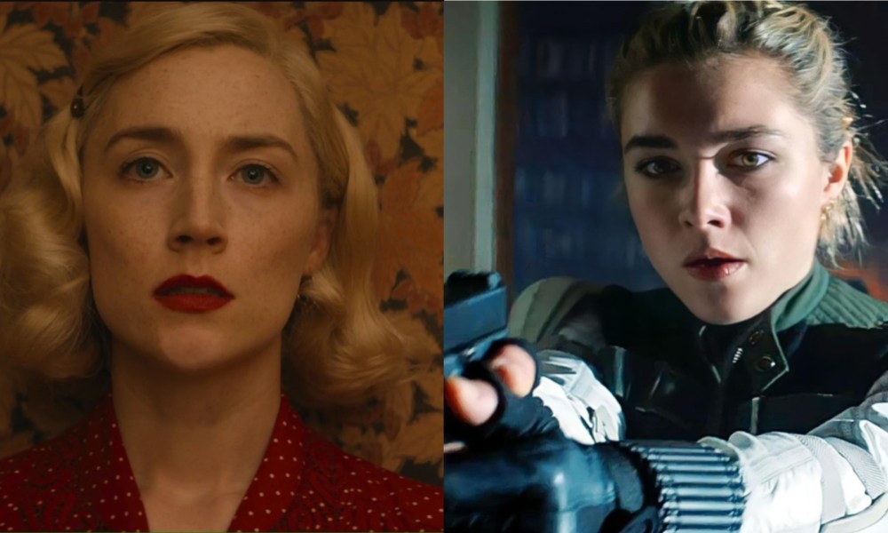 Saoirse Ronan stares on the left while Florence Pugh points a gun on the right.