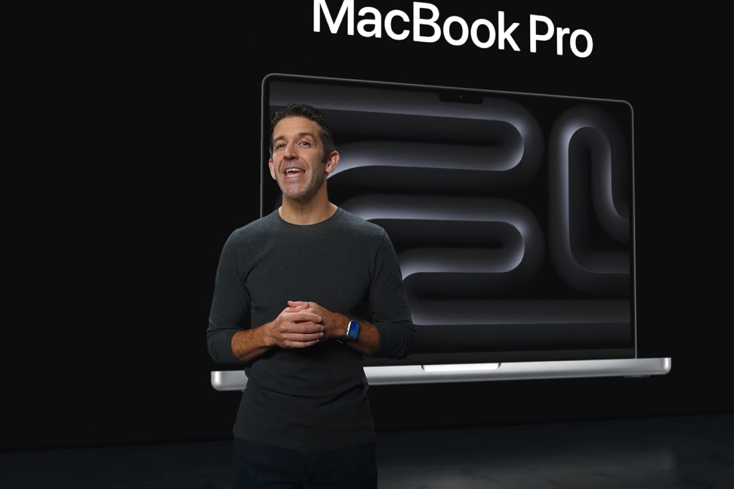 John Ternus presents the M3 Pro and M3 Max MacBook Pro at Apple's Scary Fast event on October 30, 2023.