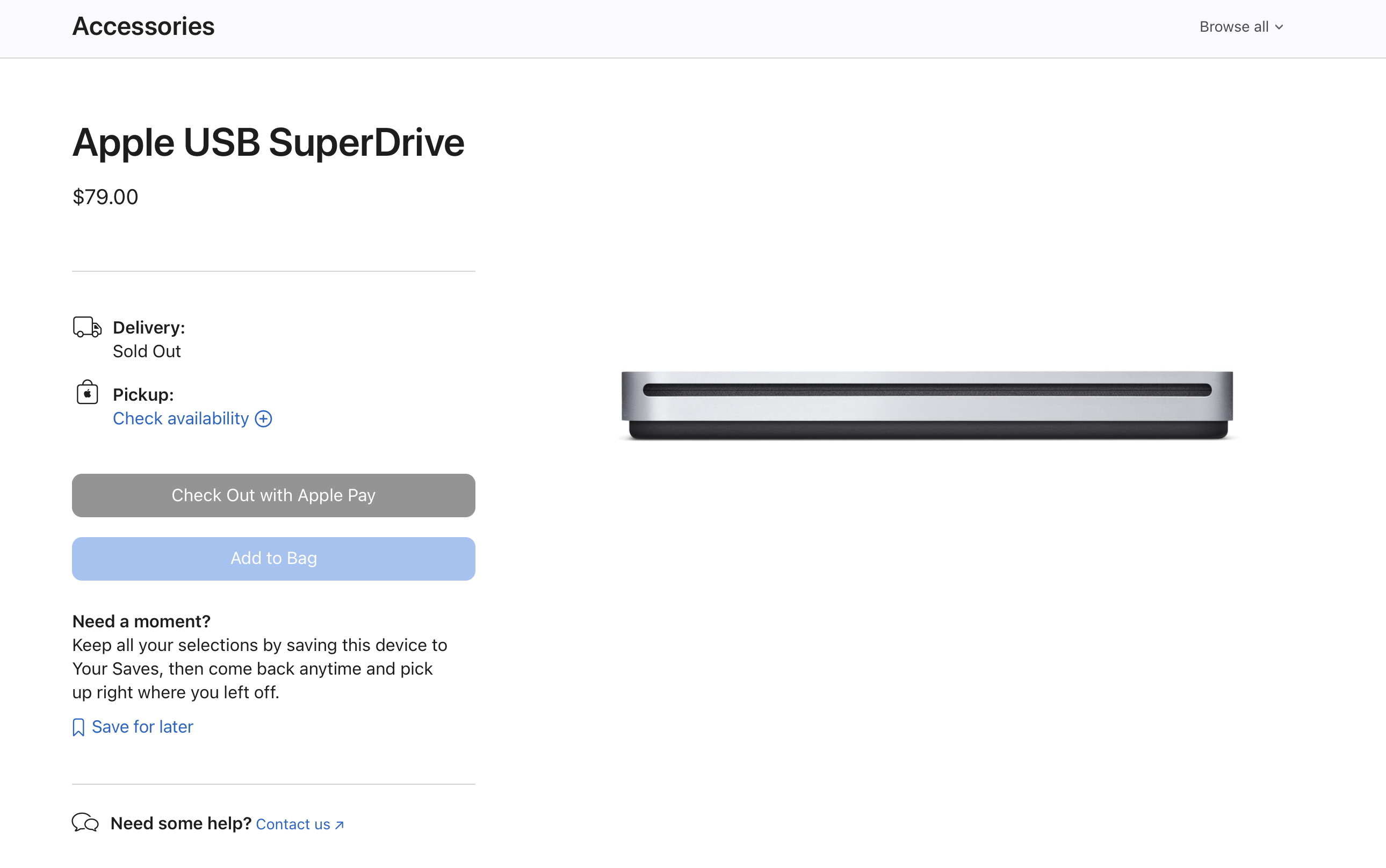 已售罄 Apple SuperDrive 屏幕截图。