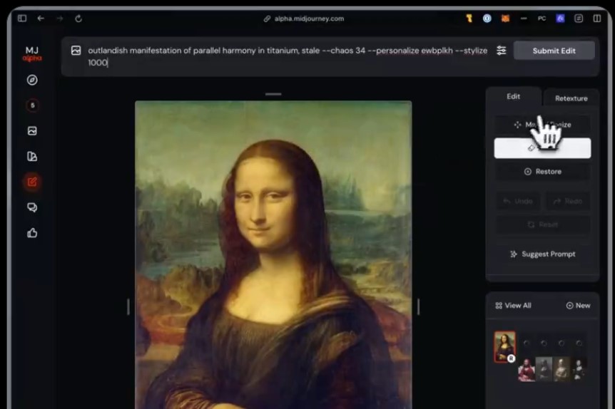 The Midjourney image editor being used on the Mona Lisa.