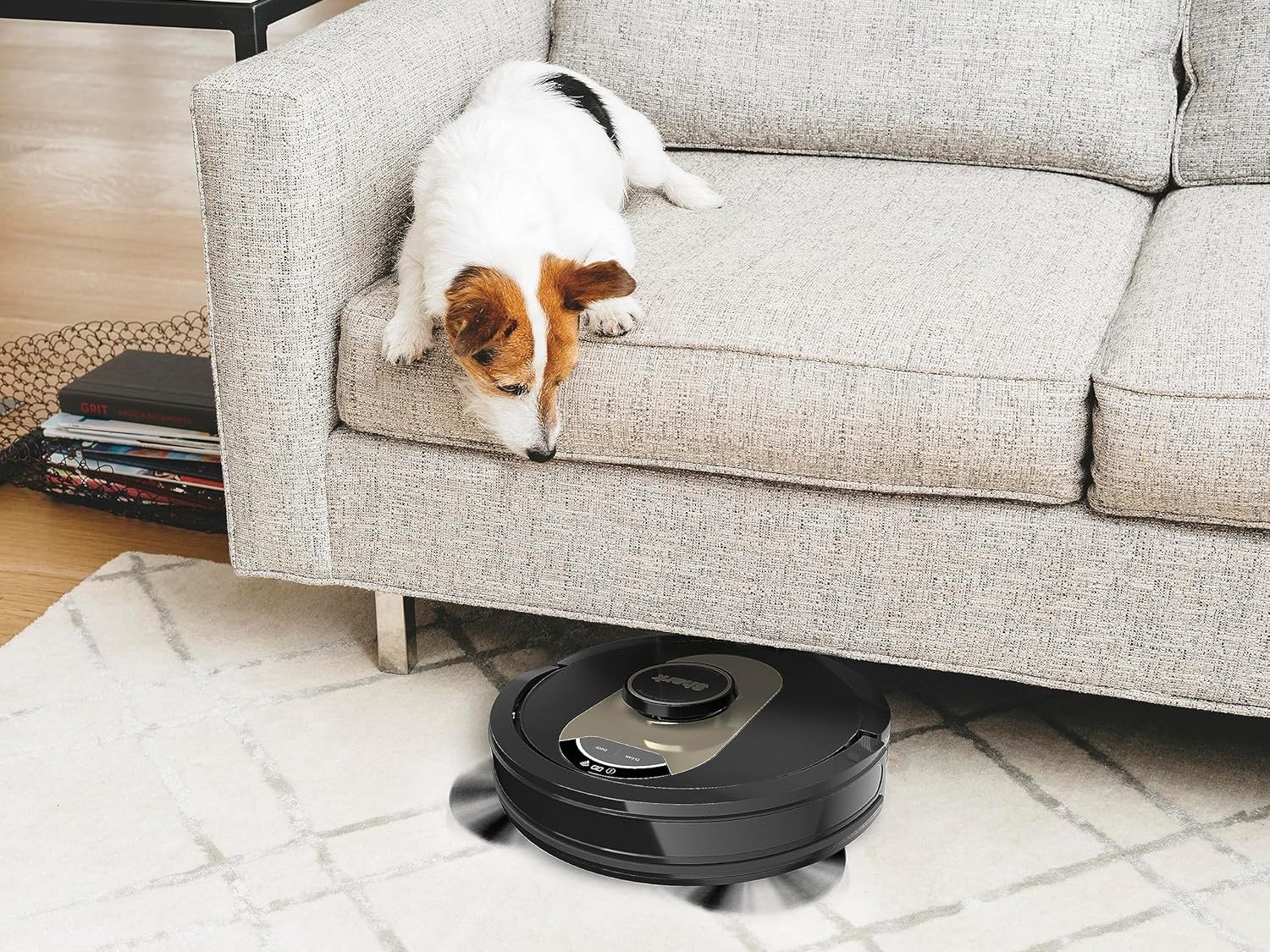 Seekor anjing dengan hati-hati melihat ke arah Vacuum Robot Shark AV2501AE AI saat membersihkan rumah.