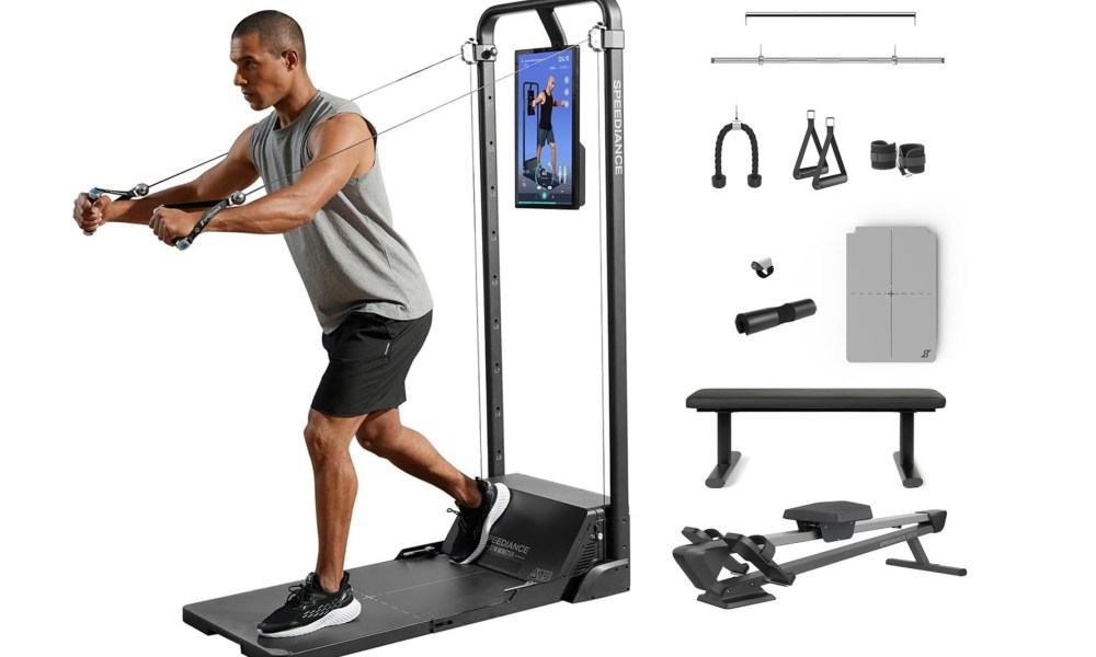 Speediance smart home gym system Gym Monster in use with accessories