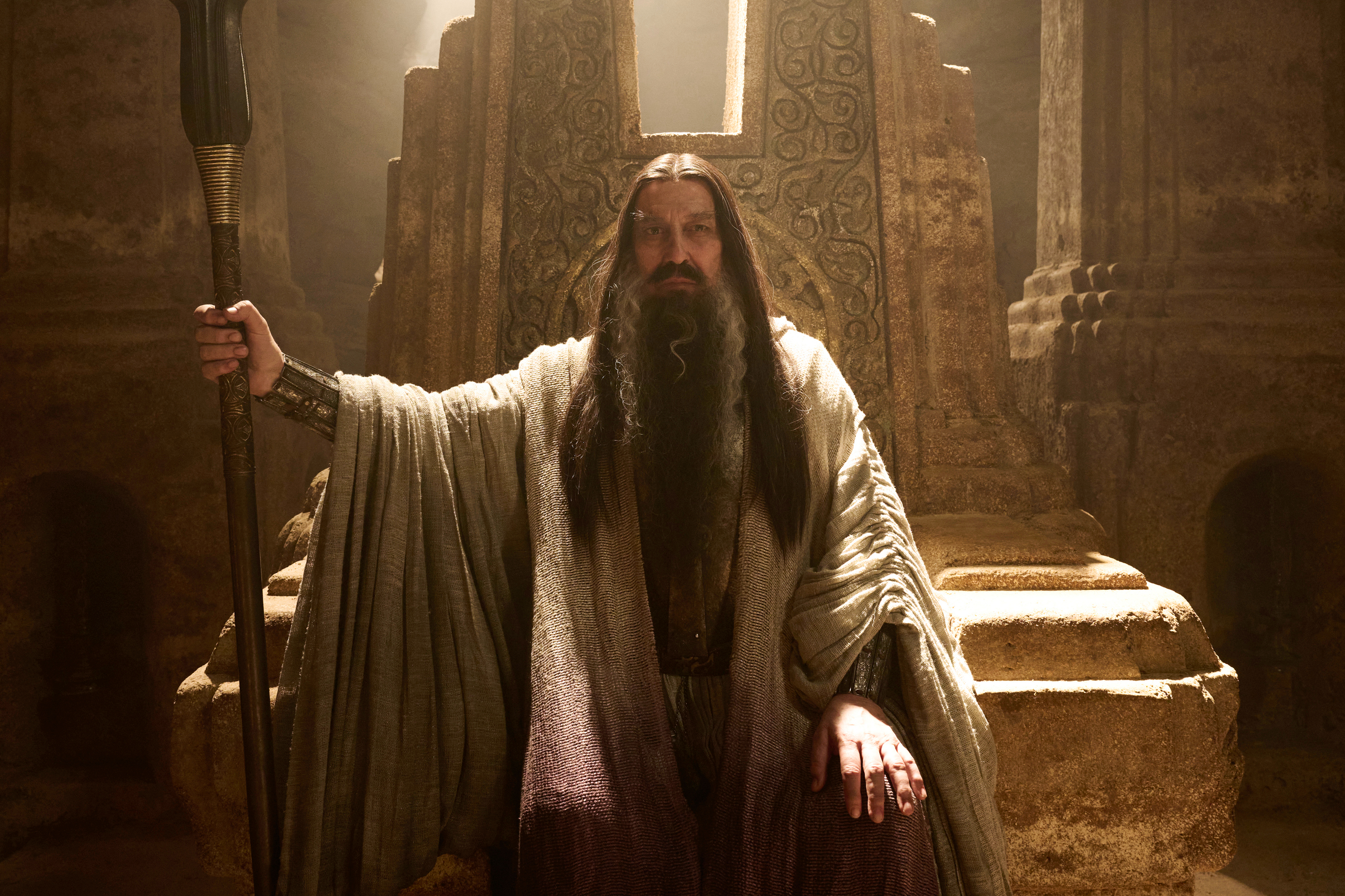 The Dark Wizard sits on his throne in The Lord of the Rings: The Rings of Power season 2.